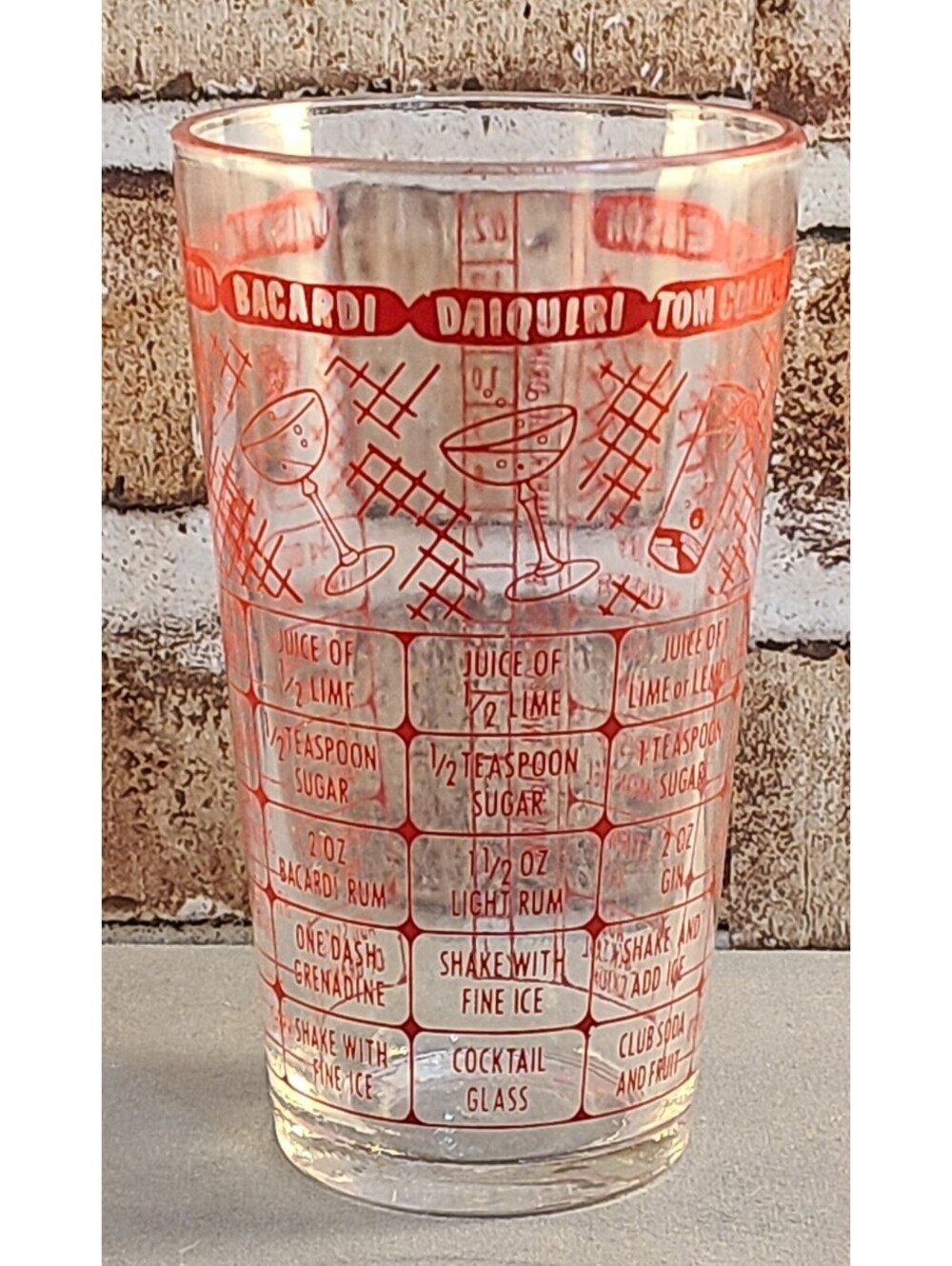 Vtg Federal Glass Mixology & Recipe Tumbler  Retro Red Print  MCM Barware Glass